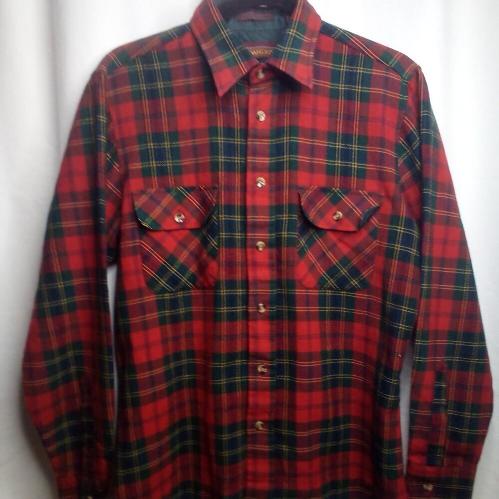 Adams Row Button Up Shirt M Long Sleeve Wool Blend Plaid Red Green